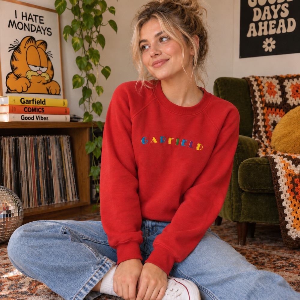 Vintage Garfield Embroidered Red Raglan Sweatshirt Crewneck Size M